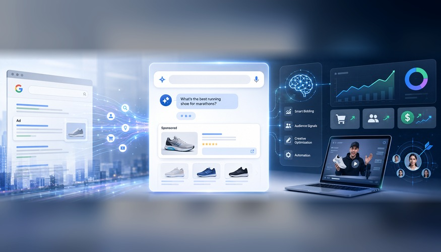 Painel futurista de mídia paga com IA: busca conversacional, anúncios de tênis de corrida, lances inteligentes e gráficos de performance